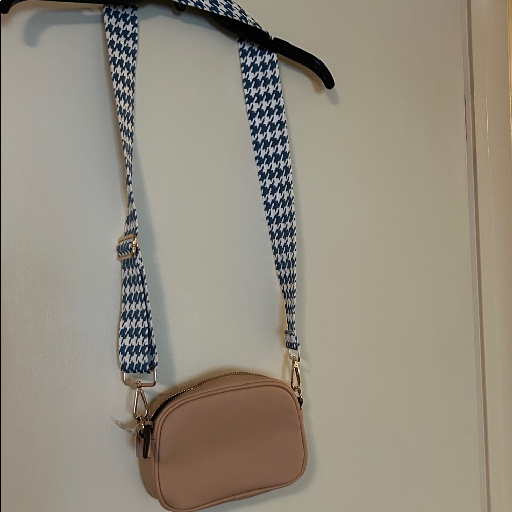 Beige Crossbody Bag with Blue Houndstooth Strap